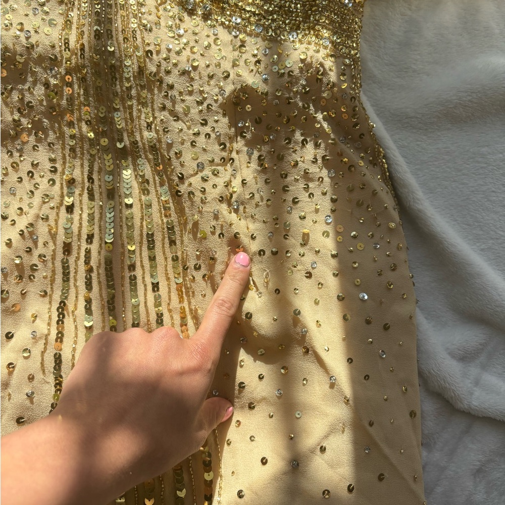 Basix Black Label Gold Sequin beaded embellished silk stone Strapless mini Dress - Picture 12 of 17